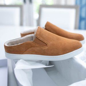 NWT Vince Verrell Suede & Shearling-Lined Backless Slip-On Sneakers Tan Sz 8.5